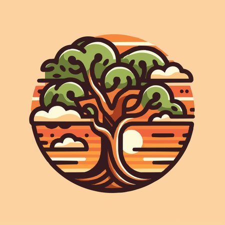 Illustration of a tree in a round shape isolated on orange backgroundのイラスト素材