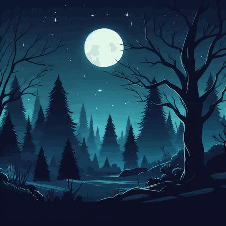 Night forest landscape with full moon and trees. Vector illustration in cartoon styleのイラスト素材