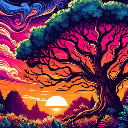 Beautiful sunset in the forest with a big tree. Vector illustration.のイラスト素材