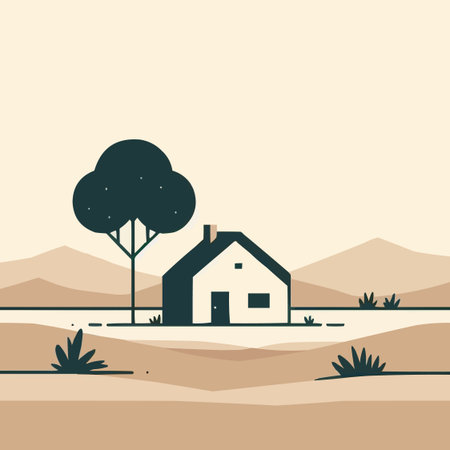 Vector illustration of a rural landscape with a house and a tree.のイラスト素材