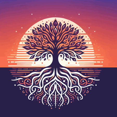 Abstract tree. Vector illustration of a stylized tree on a sunset background.のイラスト素材