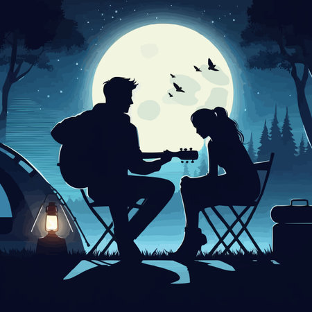 Silhouette of a young couple sitting on a camping chair and playing guitarのイラスト素材