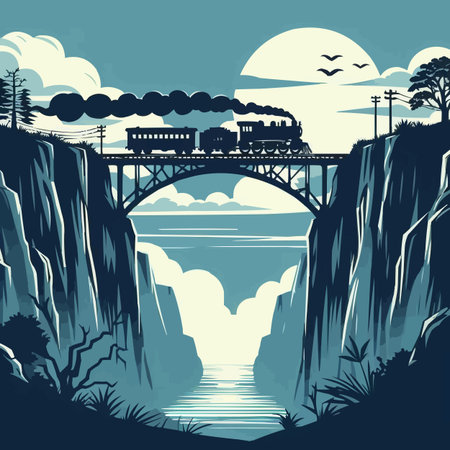 Train on the bridge in the mountains. Vector illustration in retro styleのイラスト素材