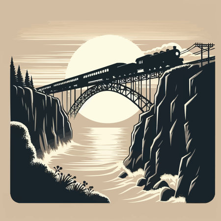 Train on the bridge over the river. Vector illustration in retro styleのイラスト素材