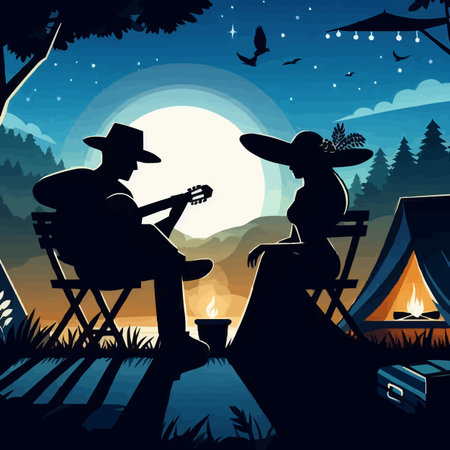 Silhouette of a man and a woman sitting on a camping chair and playing guitarのイラスト素材