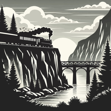 Train on the river in the mountains. Monochrome vector illustrationのイラスト素材