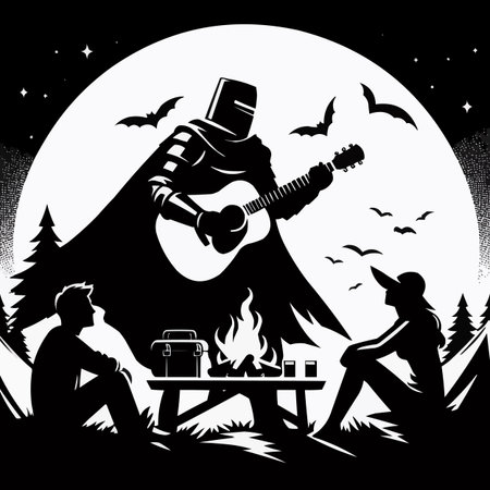 Vector illustration of a bonfire in the forest with a man playing guitar.のイラスト素材