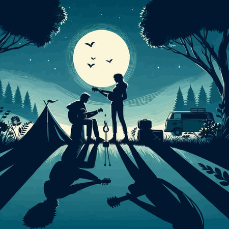 Silhouette of couple camping in the forest. Vector illustration.のイラスト素材