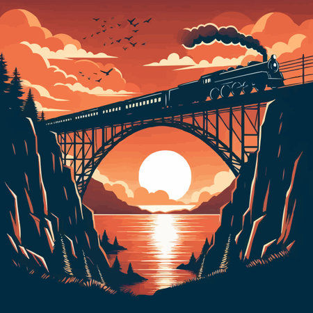 Retro steam locomotive on the bridge over the river. Vector illustration