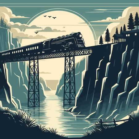 Train on the bridge over the river. Vector illustration in retro styleのイラスト素材