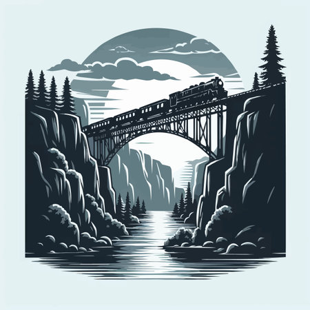 Train on the bridge over the river in the mountains. Vector illustration.のイラスト素材