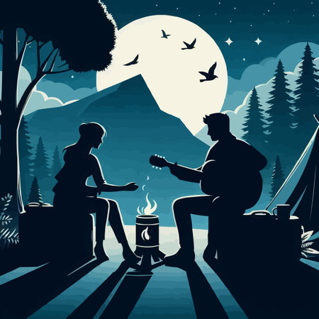 Vector illustration of a man and woman sitting on the campfire in the forestのイラスト素材