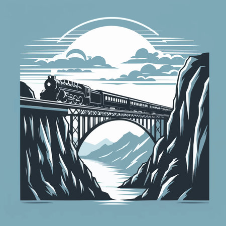 Train on the bridge in the mountains. Retro style. Vector illustration.のイラスト素材