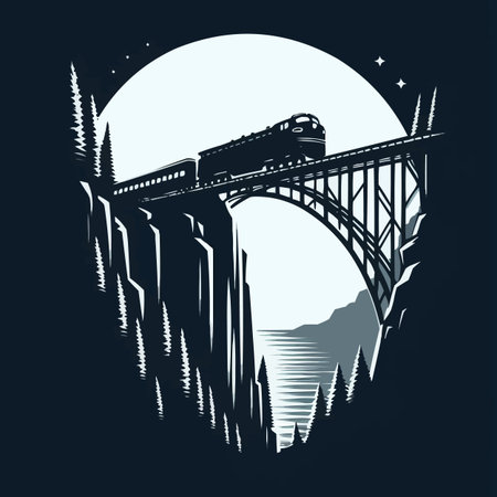 Train on the bridge. Vector illustration of a monochrome silhouette.のイラスト素材