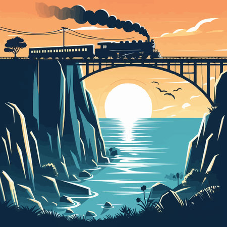 Vector illustration of a train crossing the river at sunset in a cartoon style.のイラスト素材