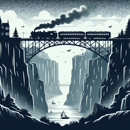 Train on the bridge over the river. Vector illustration in retro styleのイラスト素材