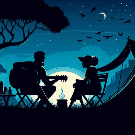 Couple sitting at the campfire in the night. Vector illustrationのイラスト素材