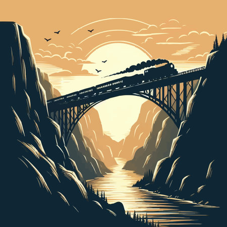 Train on the bridge in the mountains. Vector illustration in retro styleのイラスト素材