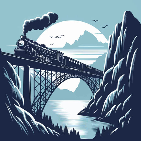 Train on the bridge in the mountains. Vector illustration in retro styleのイラスト素材