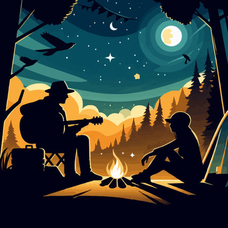 Silhouette of a man and a girl sitting near the campfire.のイラスト素材
