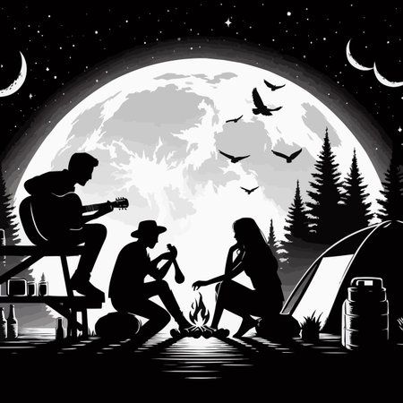 Silhouette of a couple sitting near a campfire on the background of the moonのイラスト素材