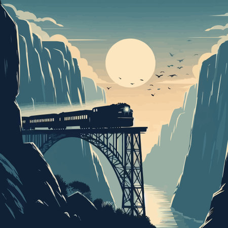 Train on the bridge in the mountains. Vector illustration in retro styleのイラスト素材