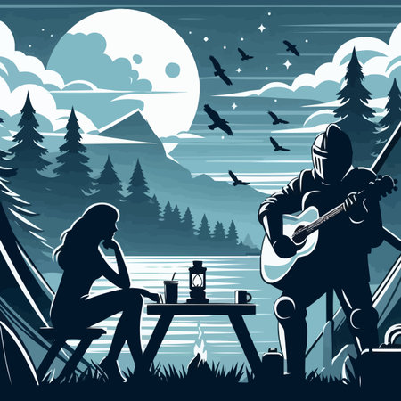 Silhouette of a girl playing guitar in nature. Vector illustration.のイラスト素材
