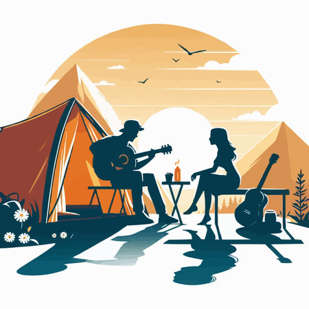 Vector illustration of a couple sitting near the tent and playing guitar.のイラスト素材