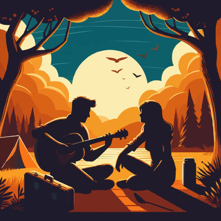 Vector illustration of a couple playing guitar in the forest at sunset.のイラスト素材