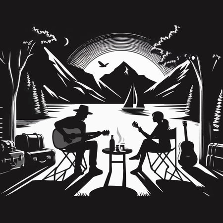 Vector illustration of a couple sitting at a campfire in the mountains.のイラスト素材