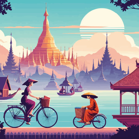 Bicycles in the ancient city of Thailand. Vector illustration.のイラスト素材