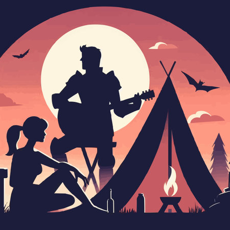 Silhouette of a man playing guitar near the tent. Vector illustrationのイラスト素材
