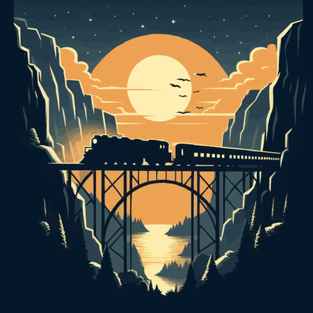 Train on the bridge in the mountains at sunset. Vector illustration.のイラスト素材