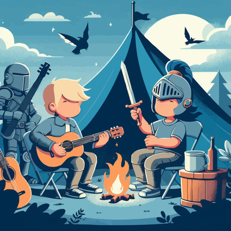 Vector illustration of a boy and girl playing guitar and singing on the campfire.のイラスト素材