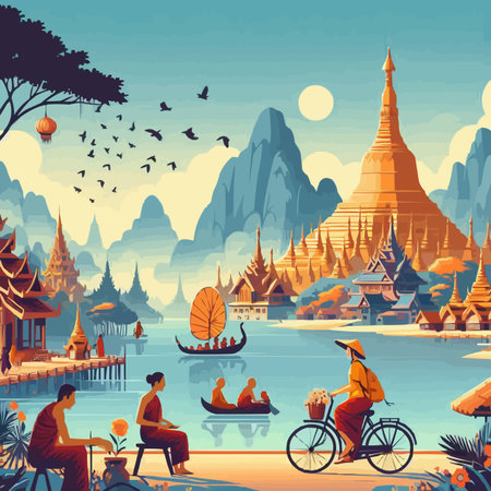 Buddhist people in traditional clothes walking by the river, vector illustrationのイラスト素材