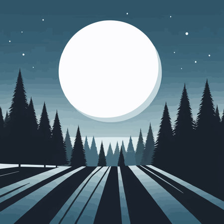 Night landscape with forest, road and full moon. Vector illustration.のイラスト素材