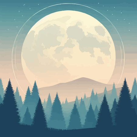 Landscape with forest and full moon. Vector illustration in flat styleのイラスト素材