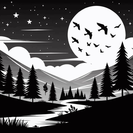 Night landscape with forest, river, mountains and birds. Vector illustrationのイラスト素材