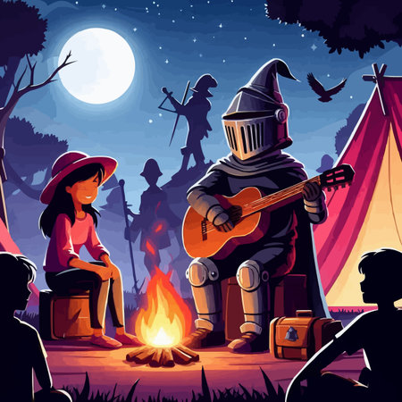 Illustration of a girl playing guitar in front of a bonfireのイラスト素材