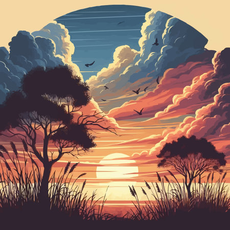 Sunset over the forest. Vector illustration in a retro style.のイラスト素材