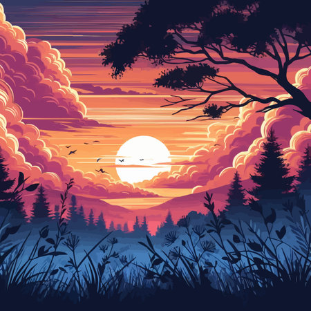Beautiful sunset in the forest. Vector illustration of nature landscape.のイラスト素材