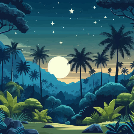 Beautiful tropical forest landscape at night with full moon. Vector illustrationのイラスト素材