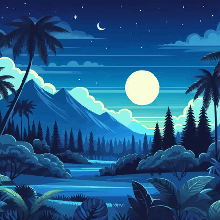 Beautiful landscape with palm trees and mountains at night, vector illustrationのイラスト素材