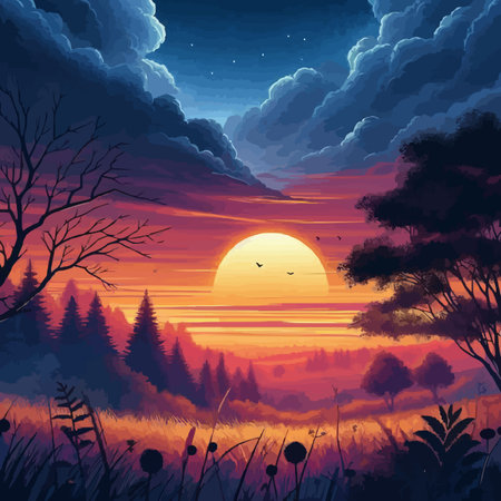 Beautiful landscape with forest and sunset. Nature background. Vector illustration.のイラスト素材