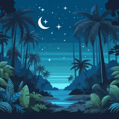 Tropical night landscape with palm trees and lake. Vector illustrationのイラスト素材