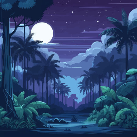 Tropical forest landscape at night. Vector illustration in flat styleのイラスト素材