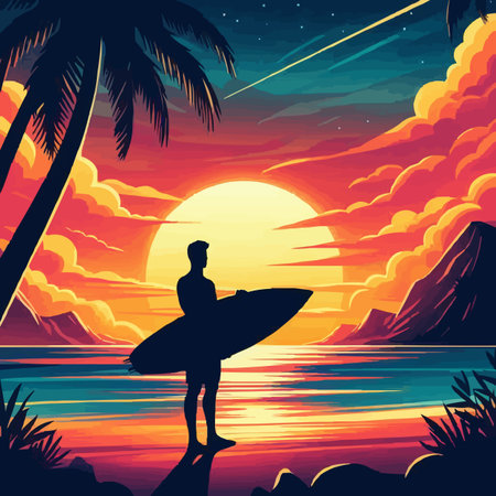 Surfer with surfboard on the beach at sunset vector illustration.