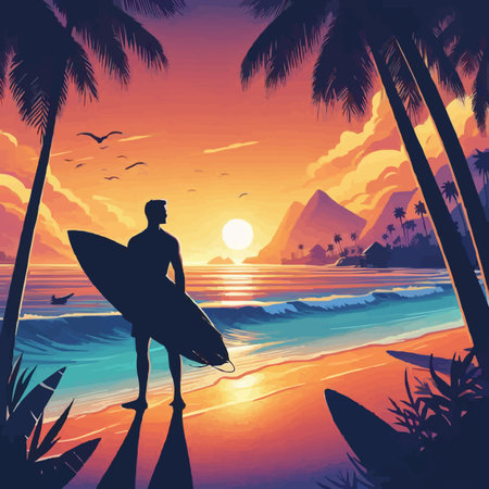Surfer with surfboard on the beach at sunset. Vector illustrationのイラスト素材