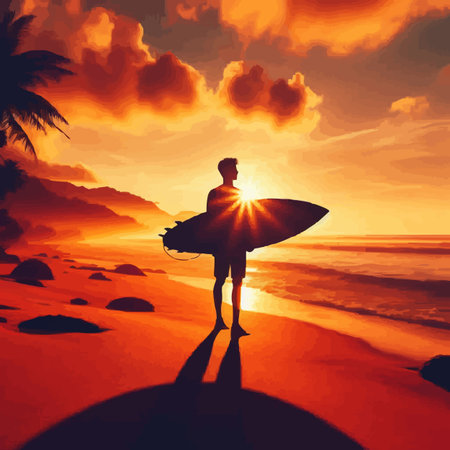 Surfer with surfboard on the beach at sunset. Vector illustration.のイラスト素材