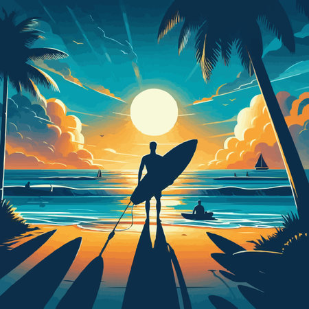 Surfer on the beach at sunset. Vector illustration in retro style.のイラスト素材